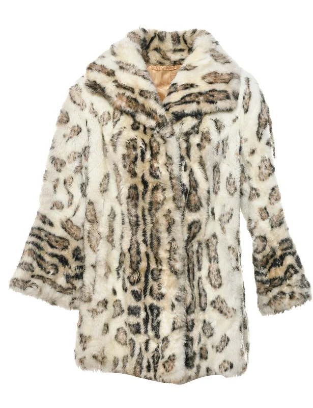 Off White Faux Fur Coat - L Shawl Collar Notch Collar Lapel Collar