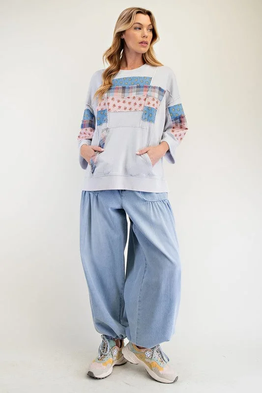 Patchwork Mineral Washed Terry Knit Pullover Kimono Neck Pullover
