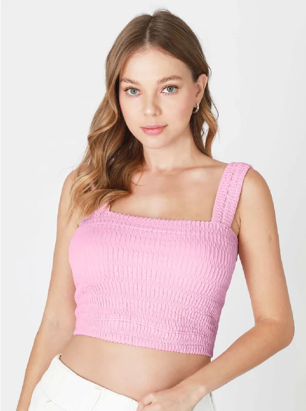 Shirred Square Neck Crop Top Front Pockets Side Pockets Patch Pockets