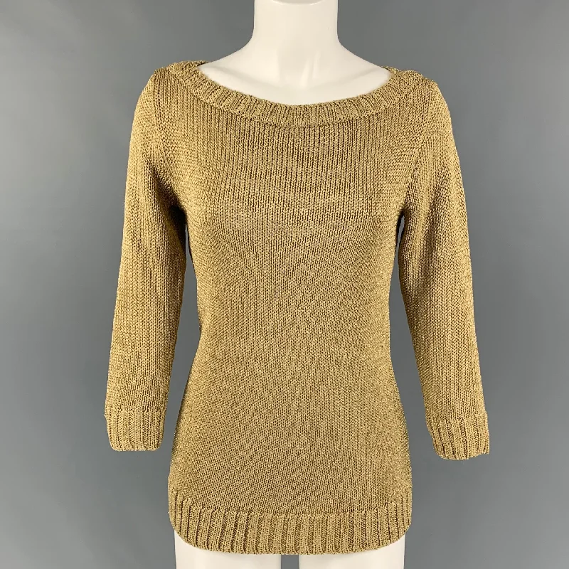 RALPH LAUREN Black Label Size M Gold Viscose Blend Knitted Boat Neck Pullover Bell Sleeve Stylish RALPH LAUREN Black Label Size M Gold Viscose Blend Knitted Boat Neck Pullover Bell Sleeve Stylish