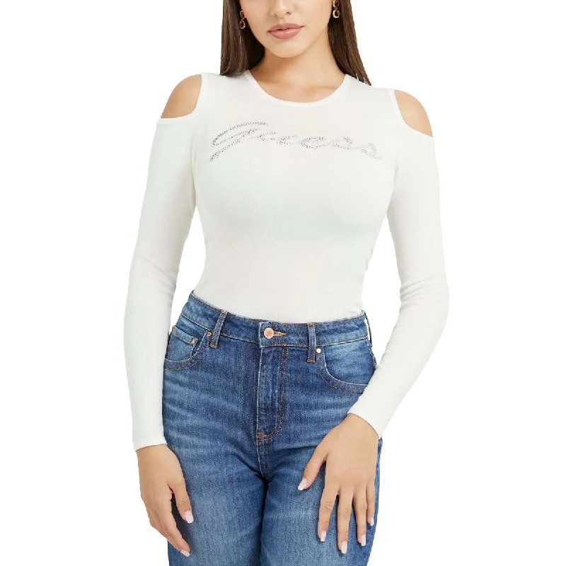 Guess Womens Rhinestone  Pullover Top Asymmetrical Hem Sweater