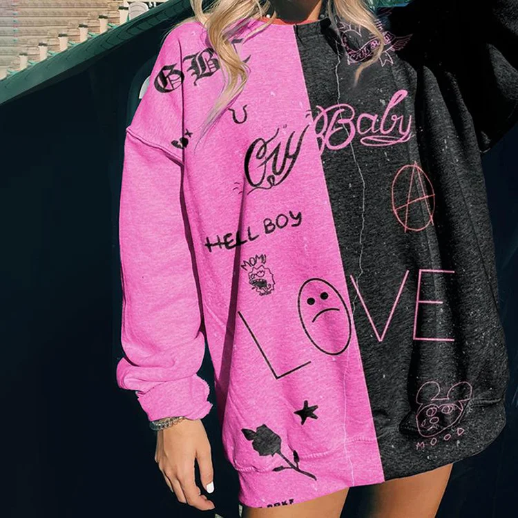 Women Color Blocking Sun Moon Print Pullover Loose Sweatshirt Set Sleeve Pullover