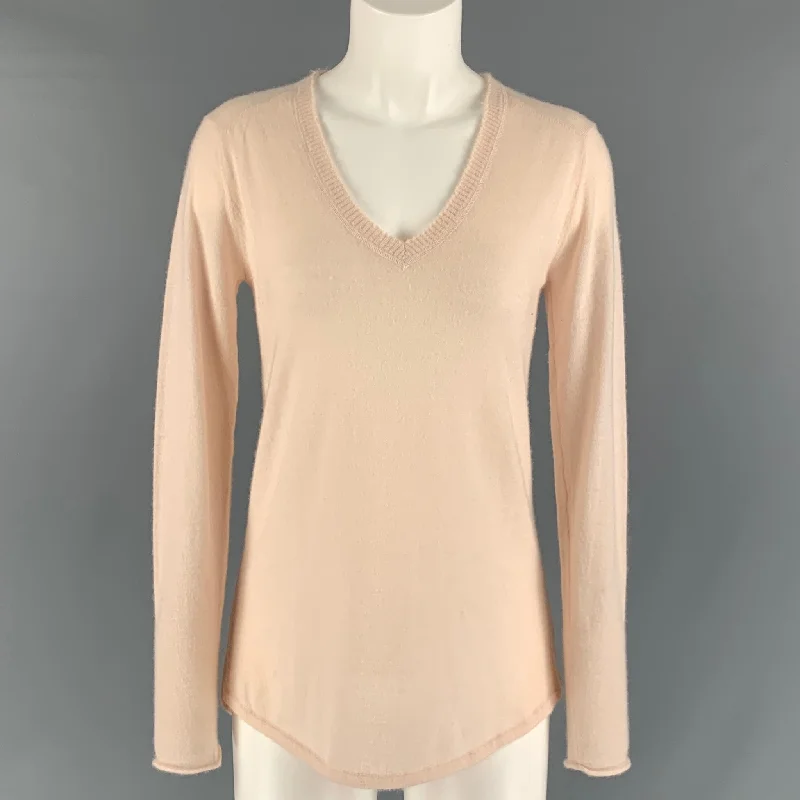 ATM Size S Dust Pink Cashmere Solid V-Neck Pullover Cowl Neck Pullover
