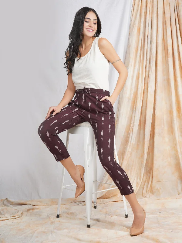 Darzaania Ikat Cotton Dark Maroon Trousers Trousers Formal Black