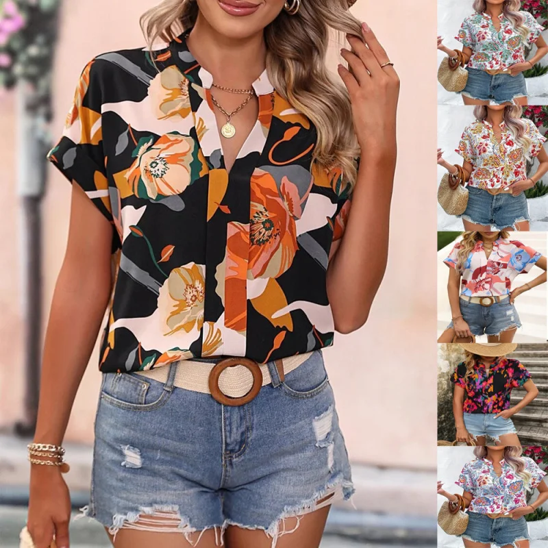 Women'S Fashion Graphic Printing V-Neck Short-Sleeved Women'S Crop Top Welt Pockets Slit Pockets Flap Pockets Women'S Fashion Graphic Printing V-Neck Short-Sleeved Women'S Crop Top Welt Pockets Slit Pockets Flap Pockets
