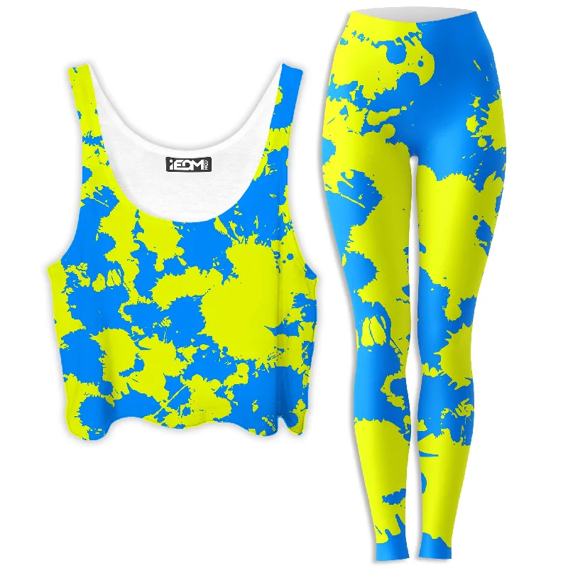 Yellow and Blue Paint Splatter Crop Top and Leggings Combo Satin Fabric Silk Fabric Chiffon Fabric Yellow and Blue Paint Splatter Crop Top and Leggings Combo Satin Fabric Silk Fabric Chiffon Fabric