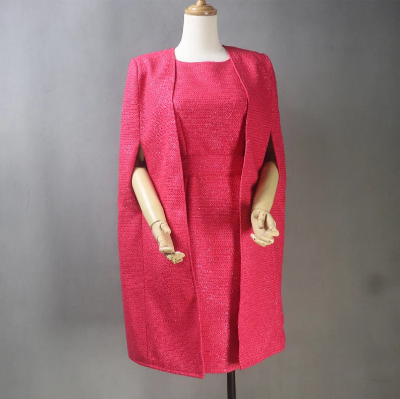 Red Sheath Dress  + Long Coat For Ladies With Tweed material  for wedding wear, Graduation day. Print Jacquard Embroidered