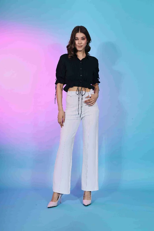 Teal Blue Viscose Rayon Woven  Crop Top Solid Color Striped Floral