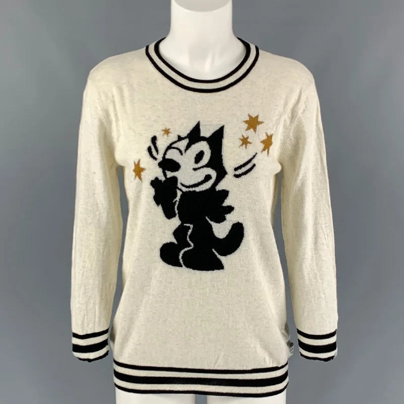 SCOTCH AND SODA Size M Cream & Black Cotton/Wool Cartoon Pullover Short Puff Sleeve