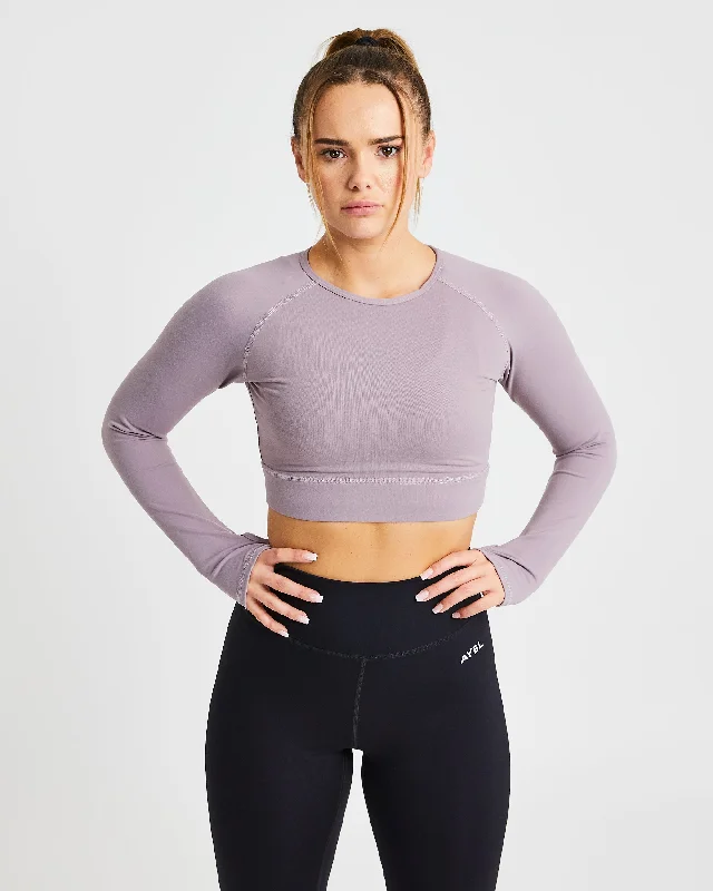 Core Long Sleeve Crop Top - Lavender Boxy Fit Fitted Loose