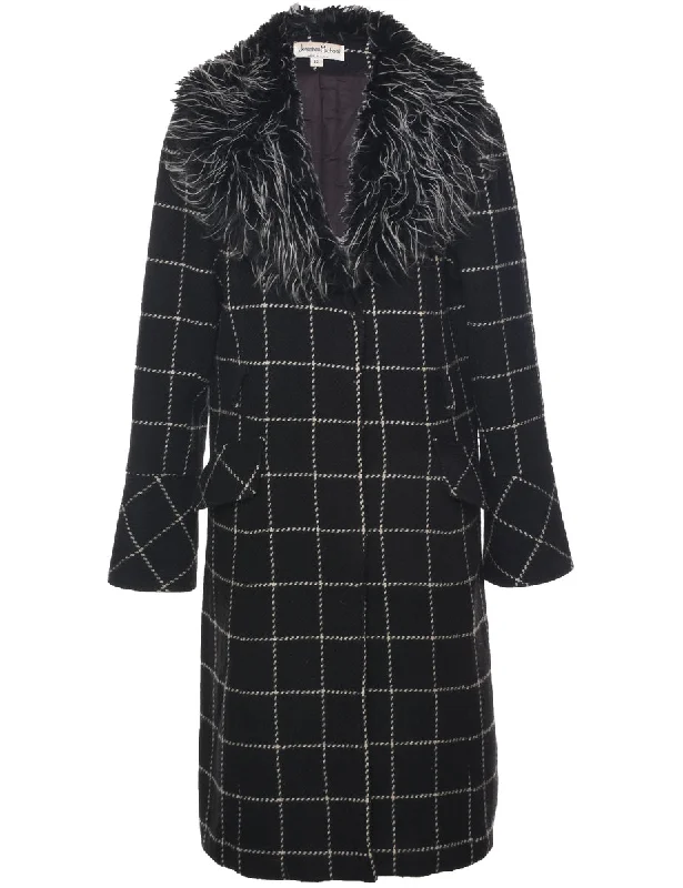 Checked Fur Collar Coat - L Plaid Tartan Floral