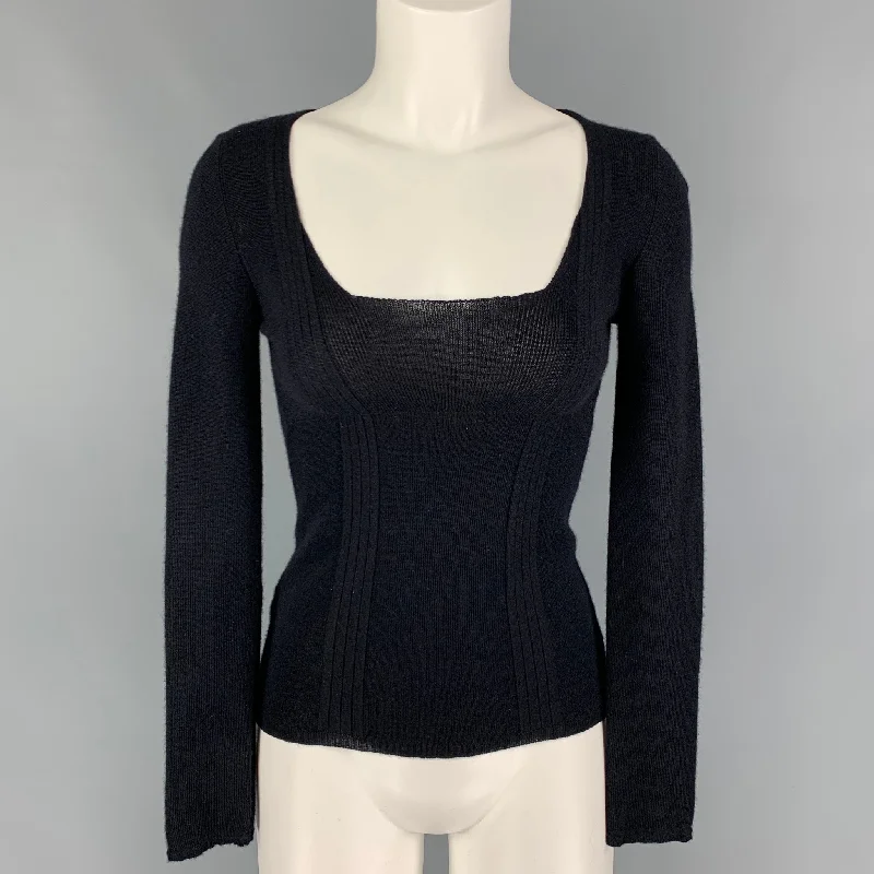 PRADA Size 4 Black Cashmere Silk Ribbed Scoop Neck Pullover Cold Shoulder Design