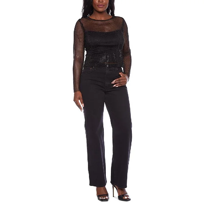 Bee Darlin Womens Juniors Mesh Embellished Pullover Top Ruffle Neck Pullover