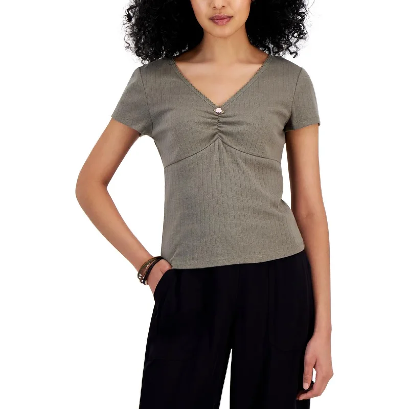 Hippie Rose Womens Juniors Short Sleeve v Pullover Top Thick Cable Knit