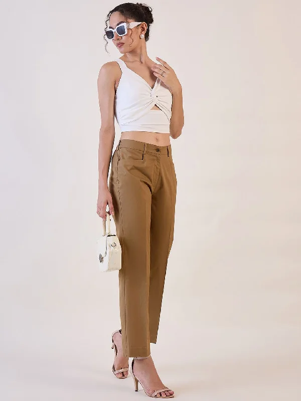 Brown Straight Fit Mid Waist Trouser Trousers Travel Practical