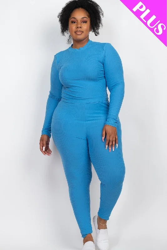 Plus Ribbed Mock Neck Long Sleeve Top & Leggings Set Stylish Lightweight Leggings