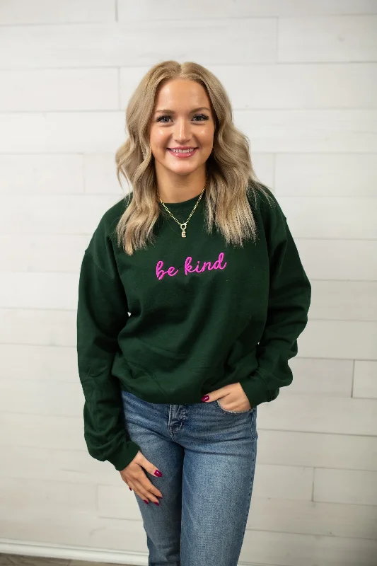 Be Kind Embroidered Sweatshirt-Dark Green Hooded Sweatshirt Casual Wear Street Style