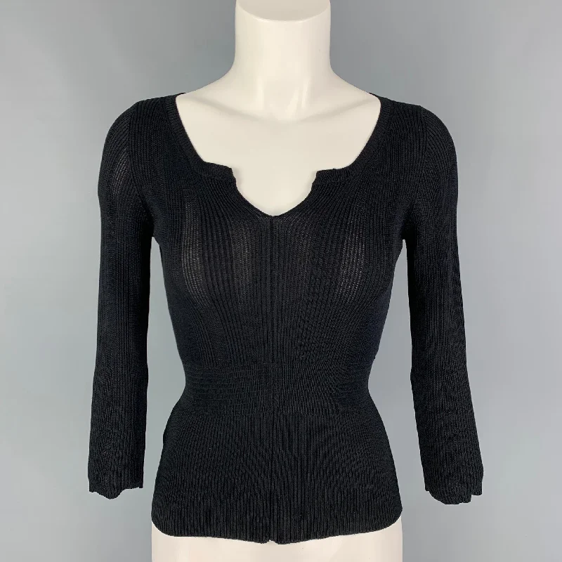 PRADA Size 4 Black Silk Ribbed Pullover Gathered Sleeve Pullover