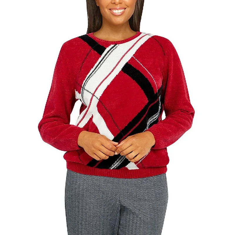 Alfred Dunner Womens Crewneck Long Sleeve Pullover Sweater Faux Fur Trim