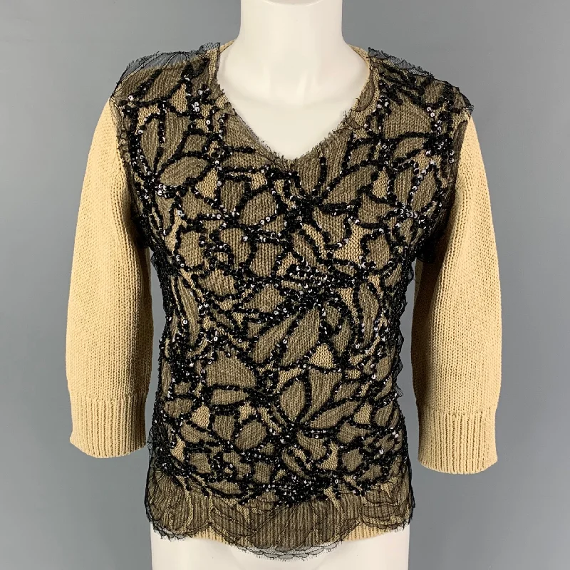 DRIES VAN NOTEN Size S Black Beige Cotton Beaded Pullover Set Sleeve Pullover