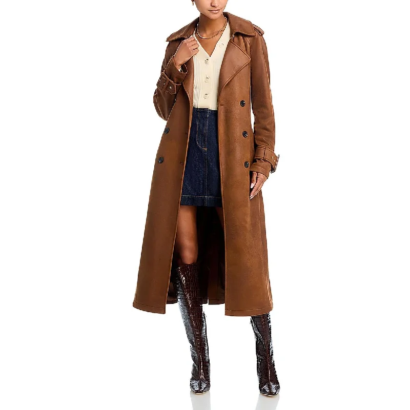 Avec Les Filles Womens Long Faux Suede Trench Coat Collared Crew Neck Turtle Neck
