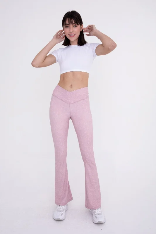 Pink Muted Watercolor Brushed Crossover Flared Leggings Elegant Stretchy Faux Leather Leggings Pink Muted Watercolor Brushed Crossover Flared Leggings Elegant Stretchy Faux Leather Leggings