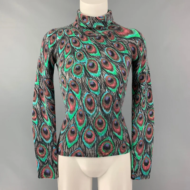 NEIMAN MARCUS Size S Multi-Color Cashmere Peacock Turtleneck Pullover - Womens Boat Neck Sweater NEIMAN MARCUS Size S Multi-Color Cashmere Peacock Turtleneck Pullover - Womens Boat Neck Sweater
