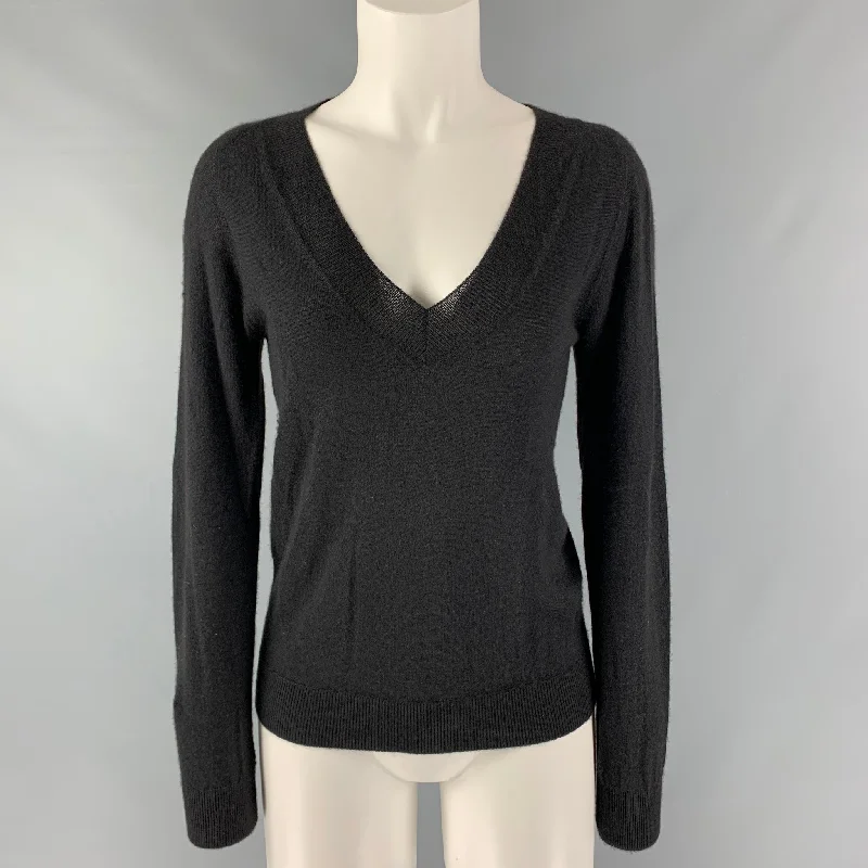 PRADA Size 2 Black Solid V-Neck Pullover Ruffle Sleeve Feminine
