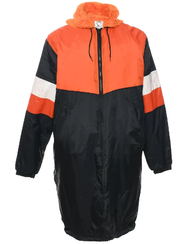 Hooded Black & Orange Nylon Coat - XL Collared Crew Neck Turtle Neck