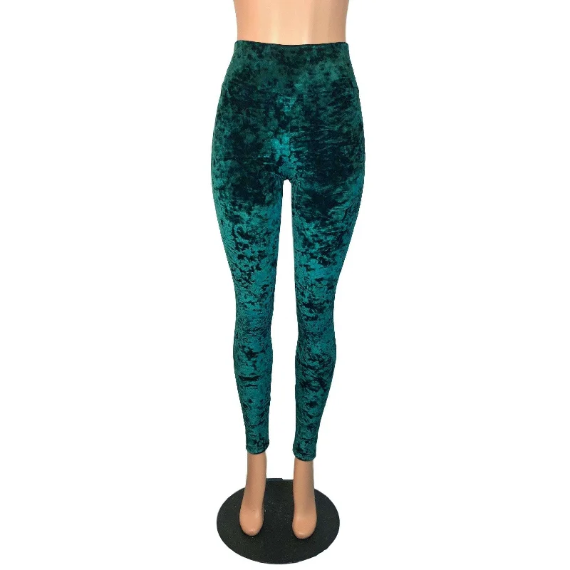 Hunter Green Crushed Velvet High Waisted Leggings Pants Chic Floral Print Leggings