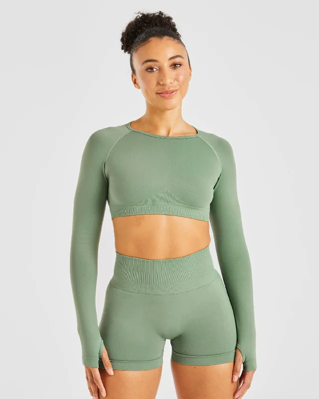 Power Seamless Long Sleeve Crop Top - Olive Rayon Velvet Corduroy