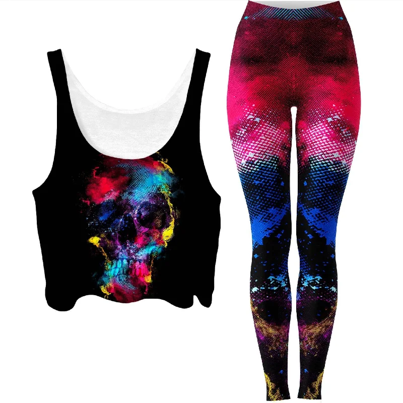 Skull 49 Crop Top and Leggings Combo Hooded Caped Shawl Collar