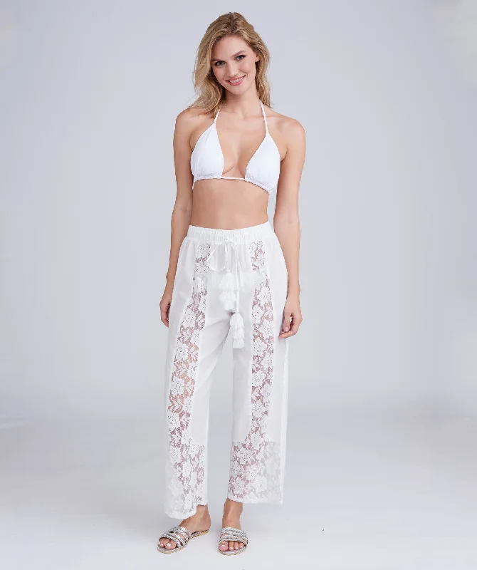 White Beach Trousers with Lace Panel Front and Elastic Waistband Trousers Leisure Comfortable