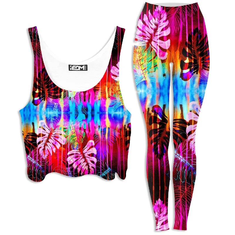 Fluorescent Jungle Crop Top and Leggings Combo Seamless Knitted Crochet