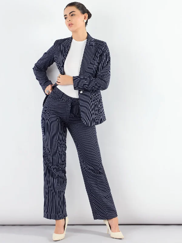 Blue-Striped Mid Waist Tailored Trousers Trousers Yoga Stretchy