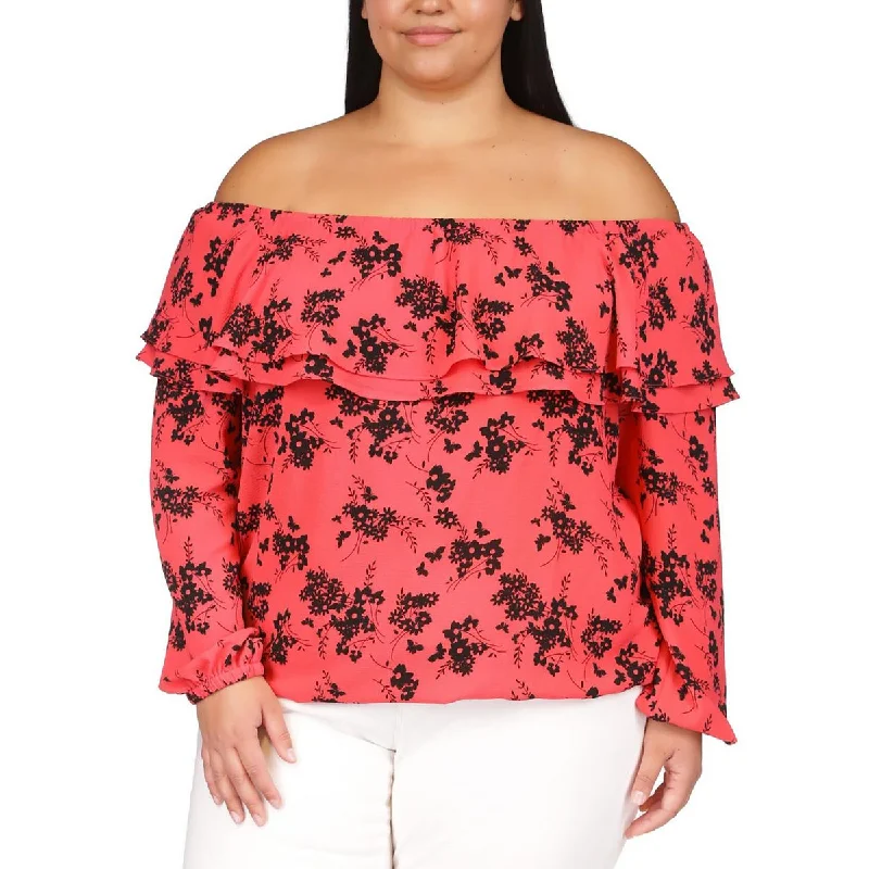 KORS Michael Kors Womens Plus Floral Print  Pullover Top Crew Neck Wool
