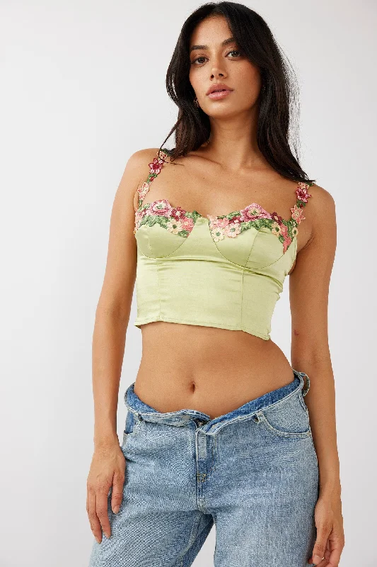 Rose Garden Floral Applique Crop Top Lime Knit Fabric Woven Fabric Fleece Fabric