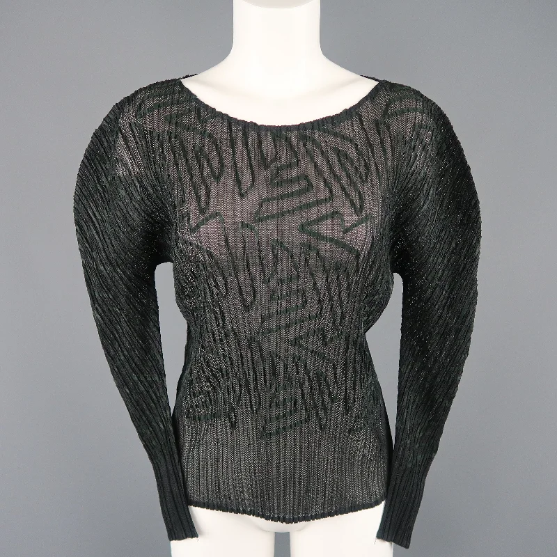 ISSEY MIYAKE Size M Black Pleated Green Ribbon Pattern Mesh Pullover Boyleg Sleeve Pullover ISSEY MIYAKE Size M Black Pleated Green Ribbon Pattern Mesh Pullover Boyleg Sleeve Pullover