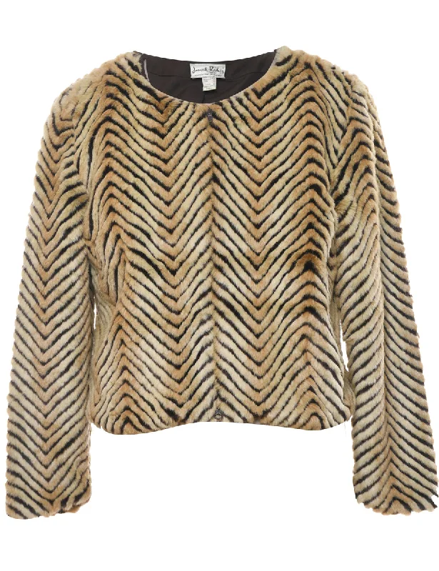 Classic Herringbone Tweed Faux Fur Coat - M Asymmetrical Collar Hooded Zippered