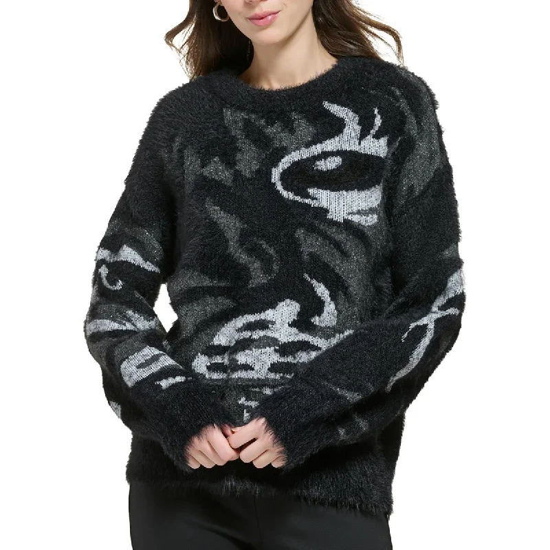 DKNY Womens Knit Printed Pullover Sweater Crew Neck Wool
