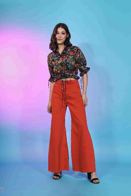 Multi Crepe Printed Crop Top Collared Crop Top Boat Neck A-Line