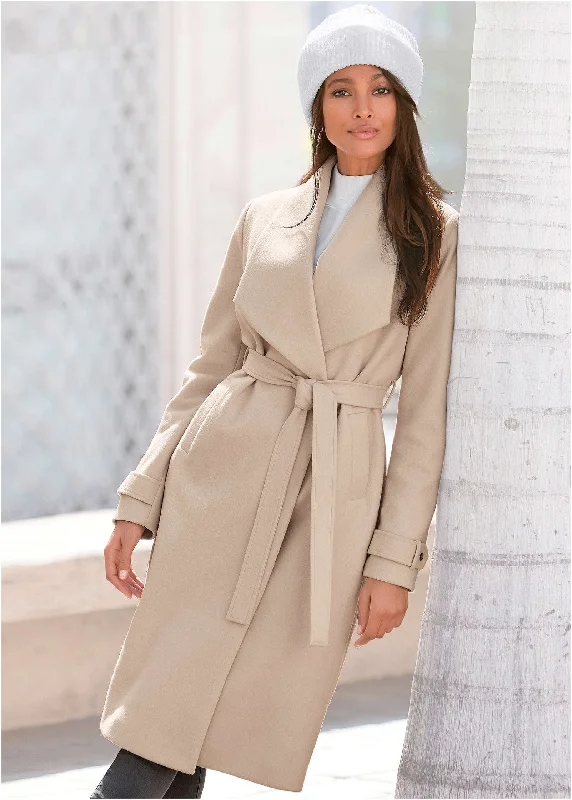 Wrap Coat With Belt - Stone Crew Neck V-Neck Boat Neck