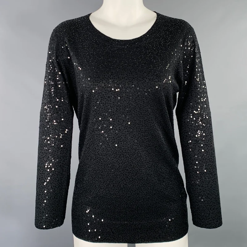 DKNY Size S Black Silk Cashmere Sequined Crew Neck Pullover Flare Sleeve Stylish