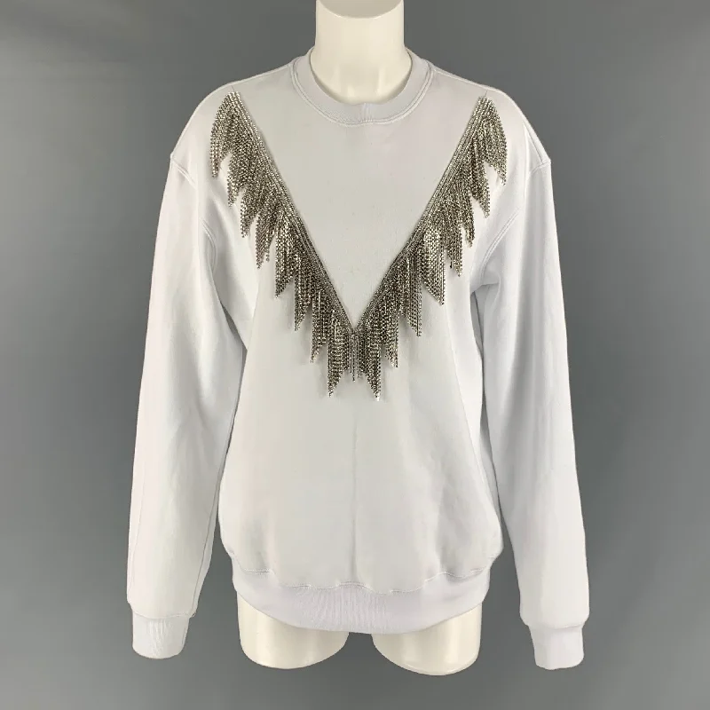 MSGM Size XS White Cotton Rhinestones Crew-Neck Pullover Port Neck Pullover