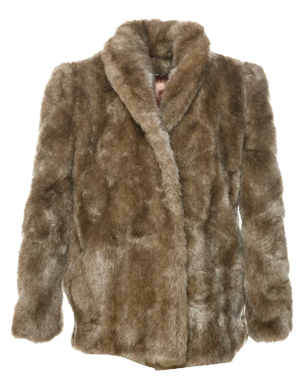 Light Brown Faux Fur Coat - L Herringbone Houndstooth Plaid