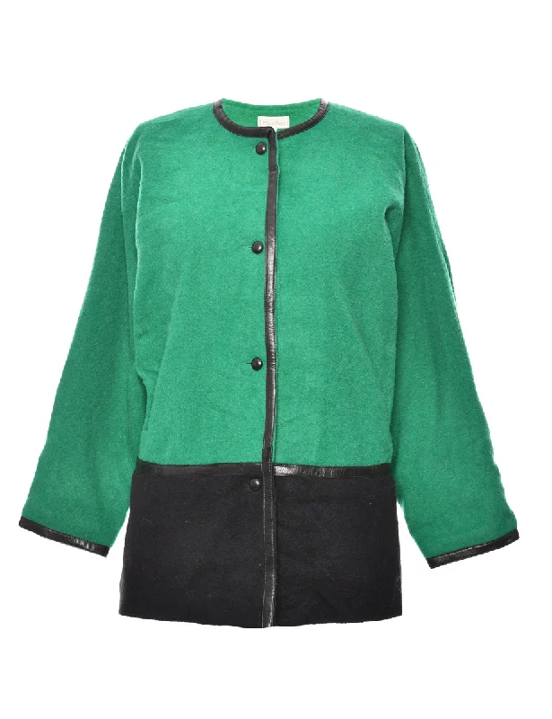 Green & Black Two-Tone Wool Coat - L Zip Front Button Front Snap Front