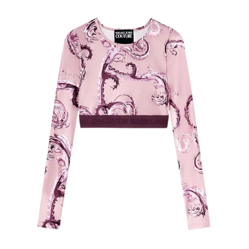 Versace Jeans Couture Chrome Couture Print Pink Crop Top Rayon Velvet Corduroy