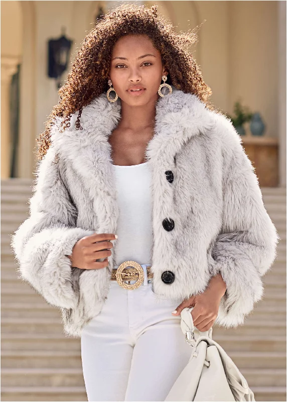 Faux-Fur Button Coat - White Boat Neck Jacket Square Neck Jacket One-Shoulder Jacket Faux-Fur Button Coat - White Boat Neck Jacket Square Neck Jacket One-Shoulder Jacket