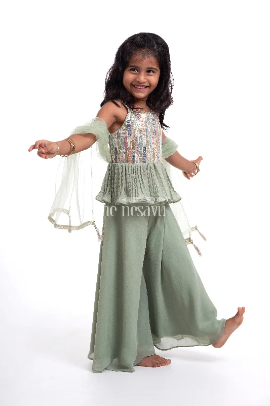 Green Crop Top with Plazzo Set for Girls - Designer Embroidered Peplum Blouse & Crush Pleated Pants Denim Fabric Leather Fabric Suede Fabric Green Crop Top with Plazzo Set for Girls - Designer Embroidered Peplum Blouse & Crush Pleated Pants Denim Fabric Leather Fabric Suede Fabric