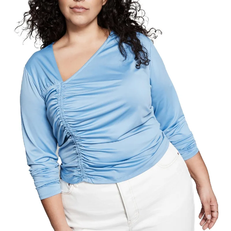 And Now This Womens Plus Ruched Gathered Pullover Top Open Front Cardigan